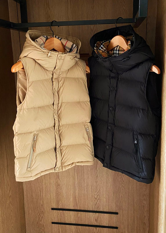 Simple Black Hooded Solid Color Duck Down Puffer Vest Sleeveless