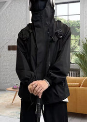 Simple Black Hooded Zippered Oversized Cotton Men Coat Spring