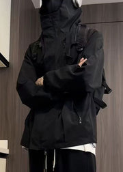 Simple Black Hooded Zippered Oversized Cotton Men Coat Spring