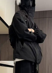 Simple Black Hooded Zippered Oversized Cotton Men Coat Spring