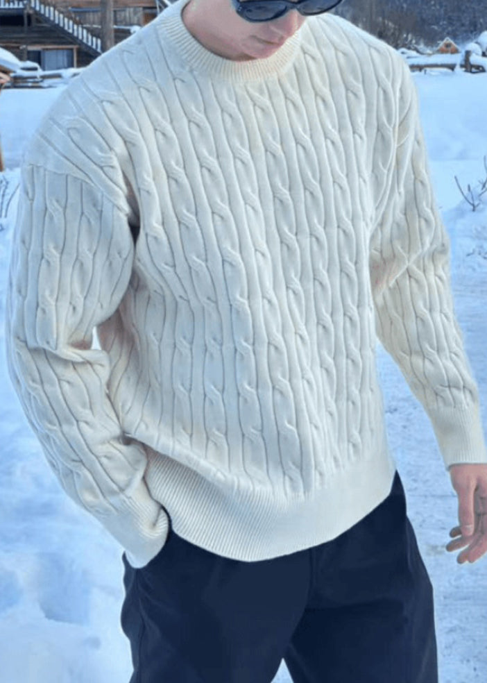 Simple Black O Neck Cable Knit Men Sweaters Spring