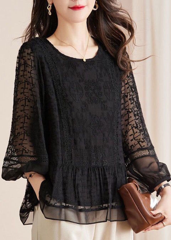 Simple Black O-Neck Embroideried Patchwork Ruffled Large Hem Silk Top Long Sleeve