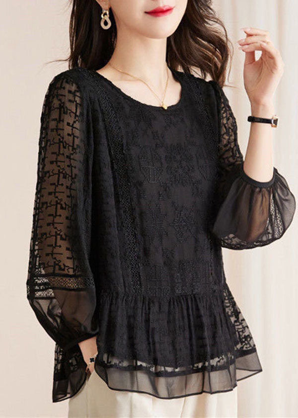 Simple Black O-Neck Embroideried Patchwork Ruffled Large Hem Silk Top Long Sleeve