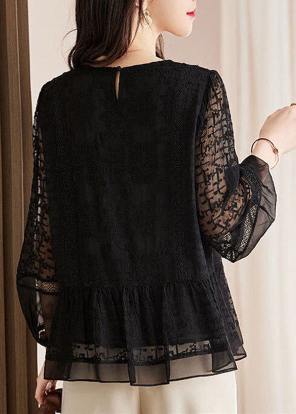 Simple Black O-Neck Embroideried Patchwork Ruffled Large Hem Silk Top Long Sleeve