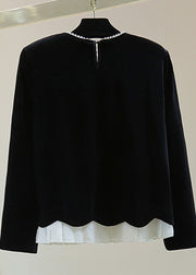 Simple Black O-Neck Nail Bead Silk Velvet Sweater Winter