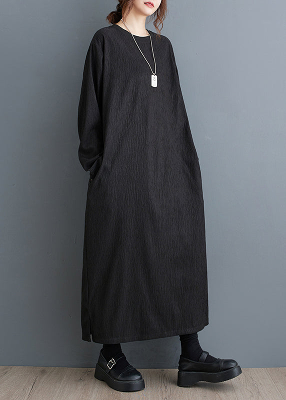 Simple Black O Neck Plus Size Cotton Long Dress Fall