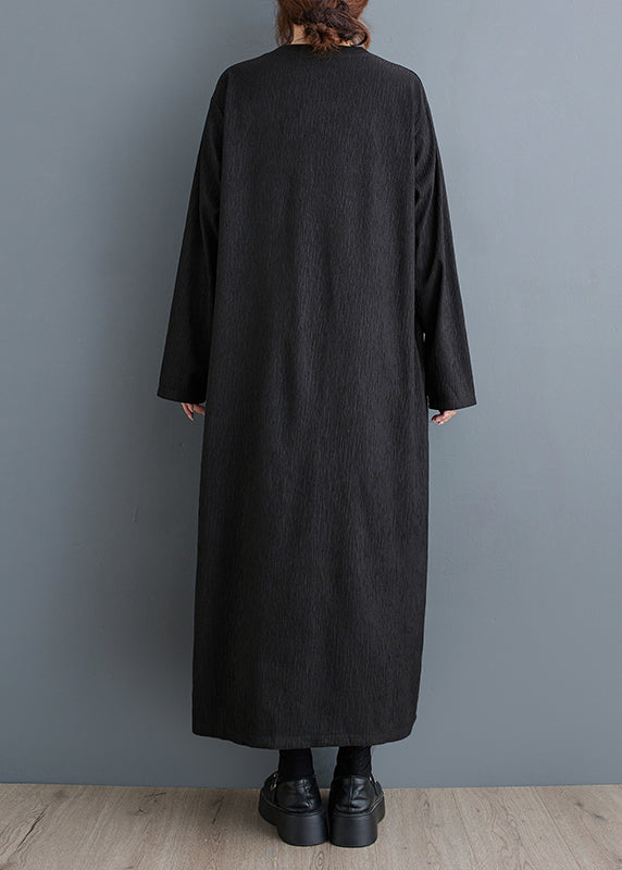 Simple Black O Neck Plus Size Cotton Long Dress Fall