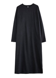 Simple Black O Neck Plus Size Cotton Long Dress Fall