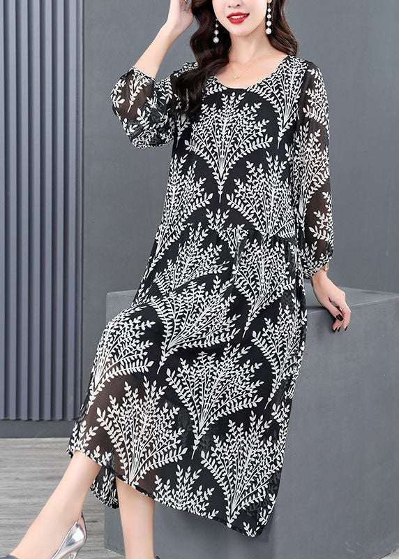 Simple Black O-Neck Print Chiffon A Line Dresses Long Sleeve