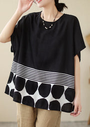 Simple Black O Neck Striped Print Patchwork Cotton T Shirt Top Summer