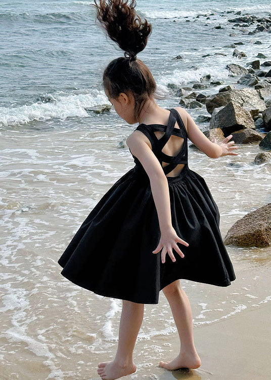 Simple Black O Neck Wrinkled Patchwork Cotton Baby Girls Dresses Sleeveless