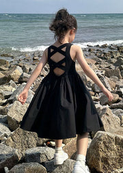 Simple Black O Neck Wrinkled Patchwork Cotton Baby Girls Dresses Sleeveless