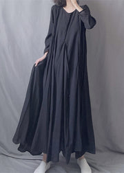 Simple Black O Neck Wrinkled Patchwork Cotton Exra Large Hem Long Dresses Fall