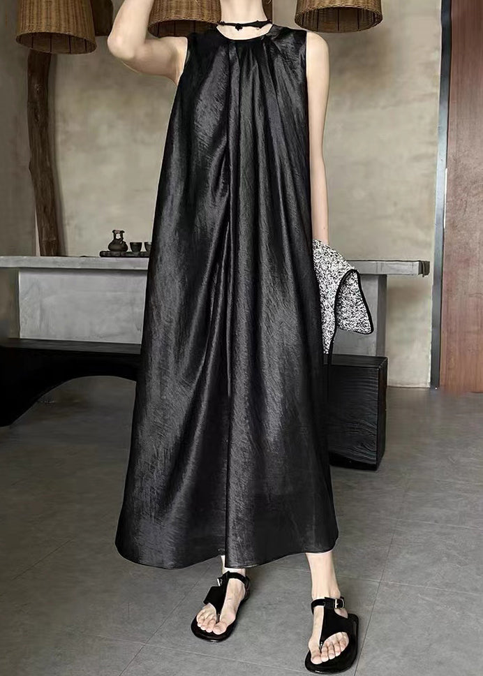 Simple Black O Neck Wrinkled Silk Long Dress Sleeveless