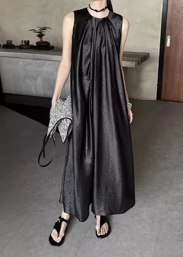 Simple Black O Neck Wrinkled Silk Long Dress Sleeveless