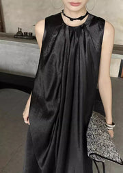 Simple Black O Neck Wrinkled Silk Long Dress Sleeveless