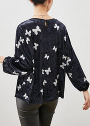 Simple Black Oversized Butterfly Silk Velour Shirt Spring