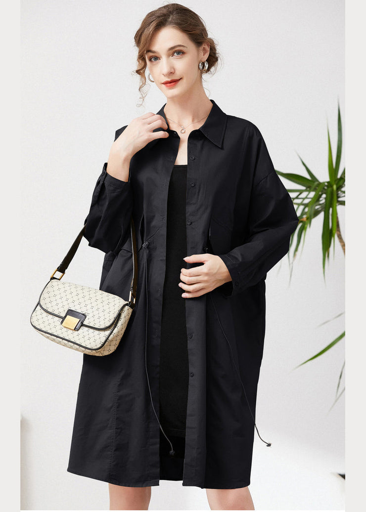 Simple Black Oversized Drawstring Pockets Cotton Trench Spring