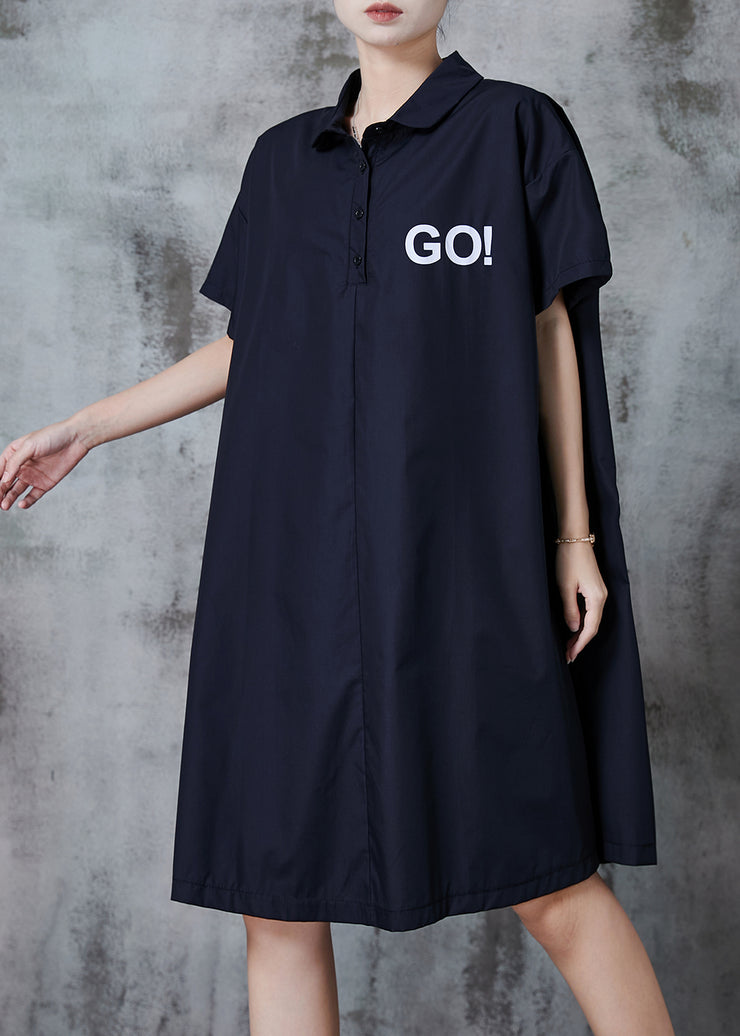 Simple Black Oversized GO Print Cotton Shirt Dress Fall