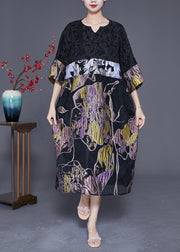 Simple Black Oversized Patchwork Jacquard Silk Dress Summer