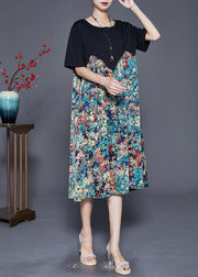 Simple Black Oversized Patchwork Print Silk Long Dresses Summer