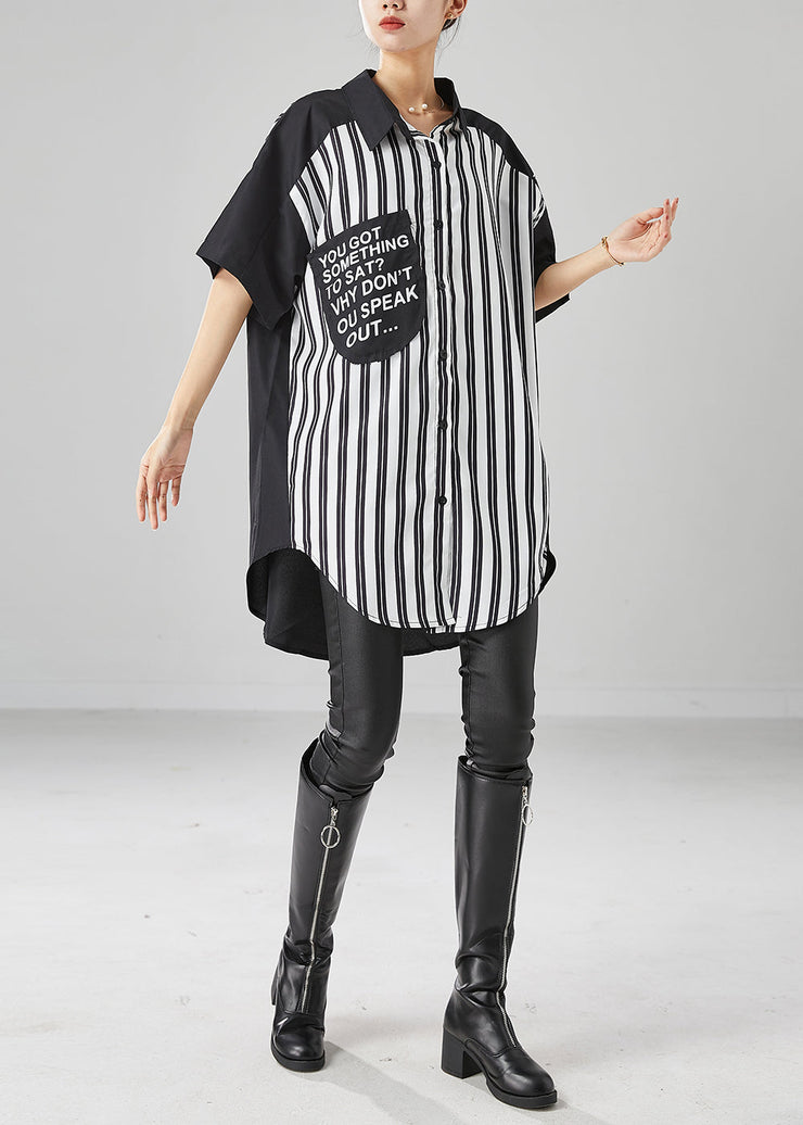 Simple Black Oversized Patchwork Striped Cotton Shirt Dress Summer