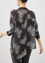 Simple Black Oversized Print Cotton Shirt Fall