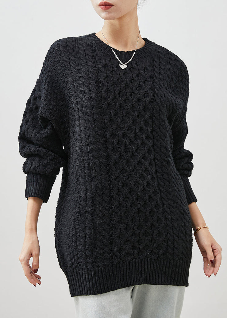 Simple Black Oversized Thick Cable Knit Sweater Tops Spring