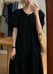 Simple Black Patchwork Wrinkled Maxi Dresses Short Sleeve