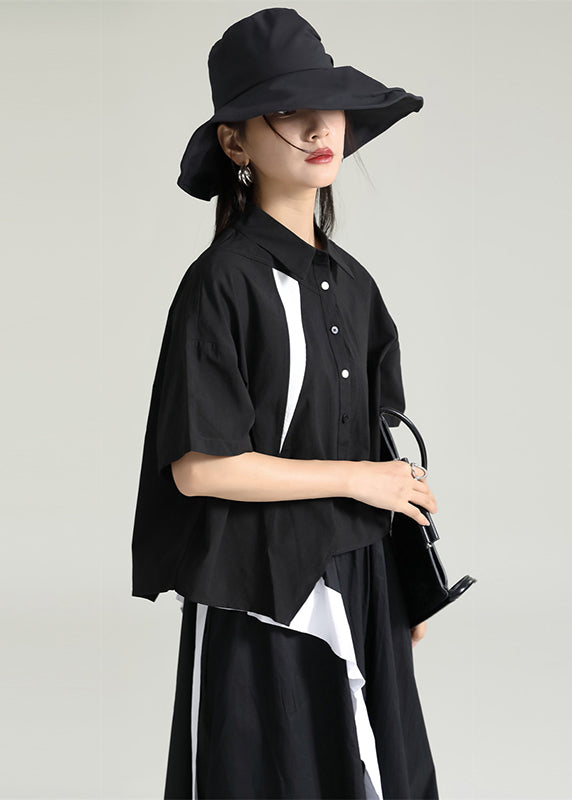 Simple Black Peter Pan Collar Asymmetrical Cotton Shirts Top Summer