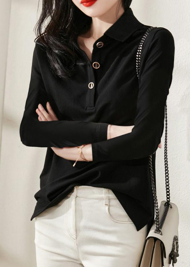 Simple Black Peter Pan Collar Button Cotton Top Long Sleeve