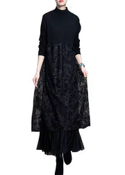 Simple Black Peter Pan Collar Lace Patchwork Woolen Knit Dress Fall