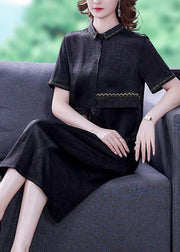 Simple Black Peter Pan Collar Patchwork Button Silk Dress Summer