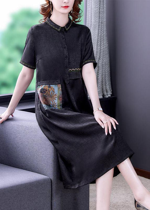 Simple Black Peter Pan Collar Patchwork Button Silk Dress Summer