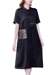 Simple Black Peter Pan Collar Patchwork Button Silk Dress Summer