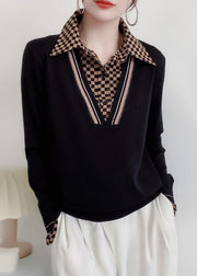 Simple Black Peter Pan Collar Patchwork Knit Sweaters Fall