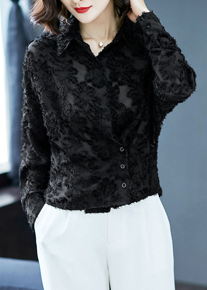 Simple Black Peter Pan Collar Patchwork Lace Shirt Top Spring