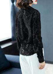 Simple Black Peter Pan Collar Patchwork Lace Shirt Top Spring