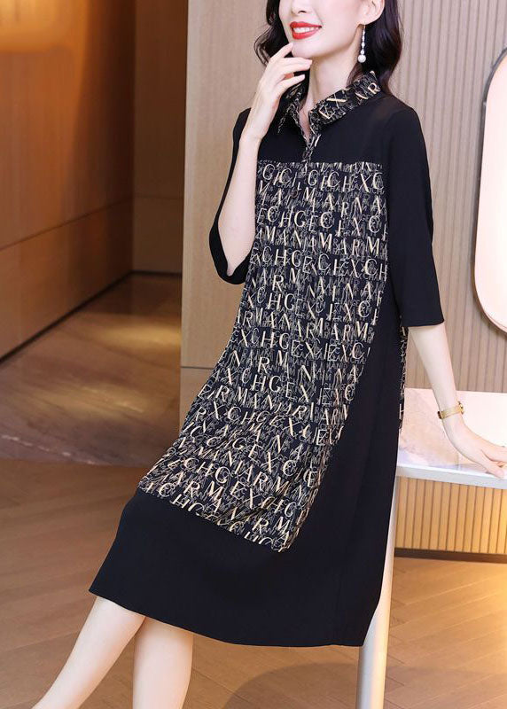 Simple Black Peter Pan Collar Patchwork Letter Print Silk Maxi Dresses Spring