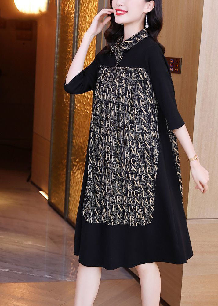 Simple Black Peter Pan Collar Patchwork Letter Print Silk Maxi Dresses Spring