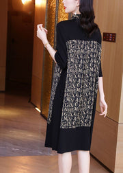 Simple Black Peter Pan Collar Patchwork Letter Print Silk Maxi Dresses Spring