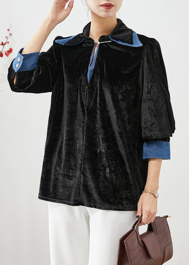 Simple Black Peter Pan Collar Patchwork Silk Velour Fake Two Piece Shirts Fall