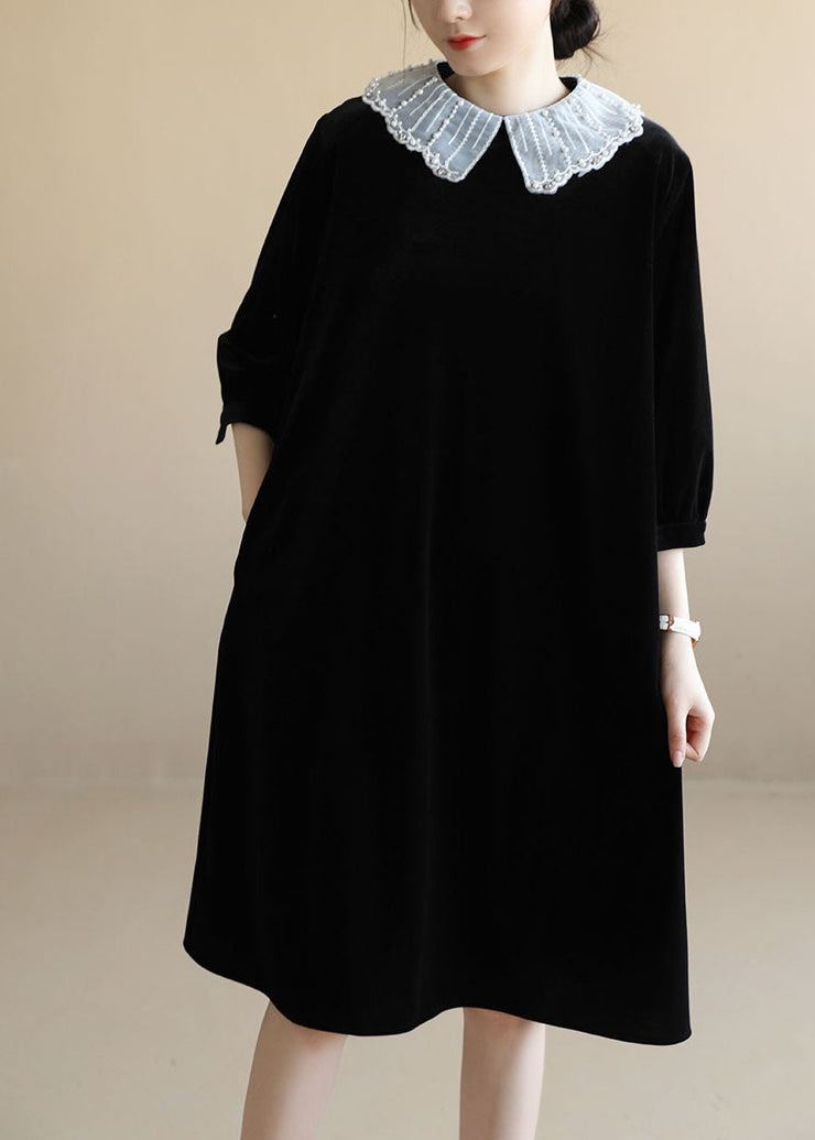 Simple Black Peter Pan Collar Patchwork Velour Maxi Dresses Bracelet Sleeve