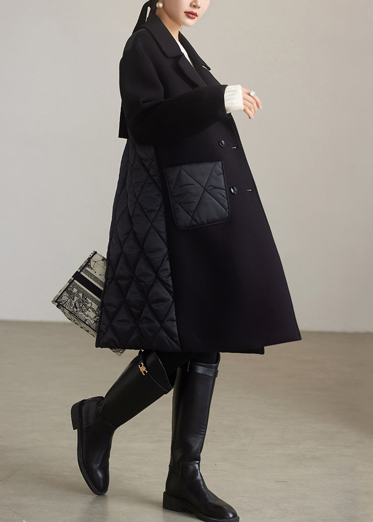 Simple Black Peter Pan Collar Pockets Patchwork Coat Winter