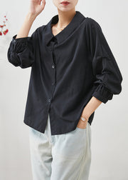 Simple Black Peter Pan Collar Wrinkled Cotton Tops Summer