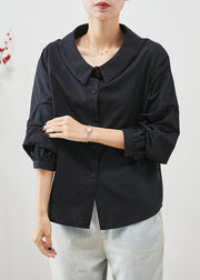 Simple Black Peter Pan Collar Wrinkled Cotton Tops Summer