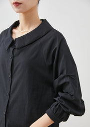 Simple Black Peter Pan Collar Wrinkled Cotton Tops Summer