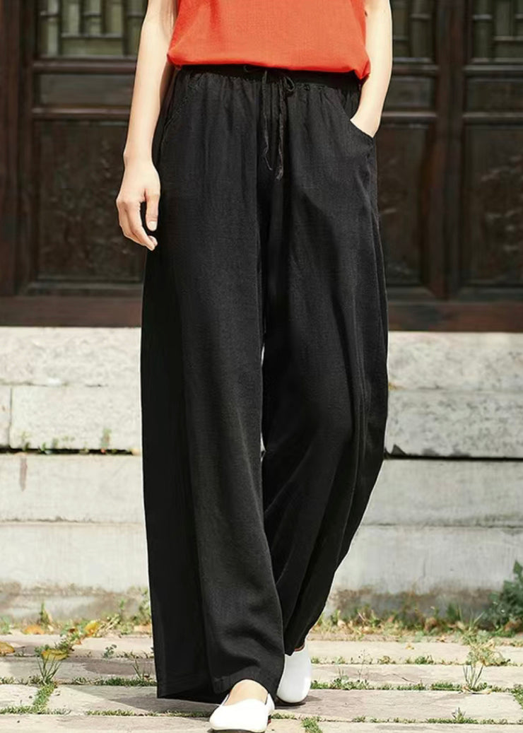 Simple Black Pockets Elastic Waist Linen Pants Summer