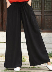 Simple Black Pockets Elastic Waist Linen Pants Summer