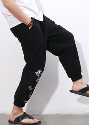 Simple Black Print Pockets Cotton Mens Crop Pants Summer